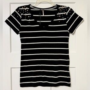 Poof Black & White Striped V-Neck Tee with Silver & Gold Stud Accents - Large